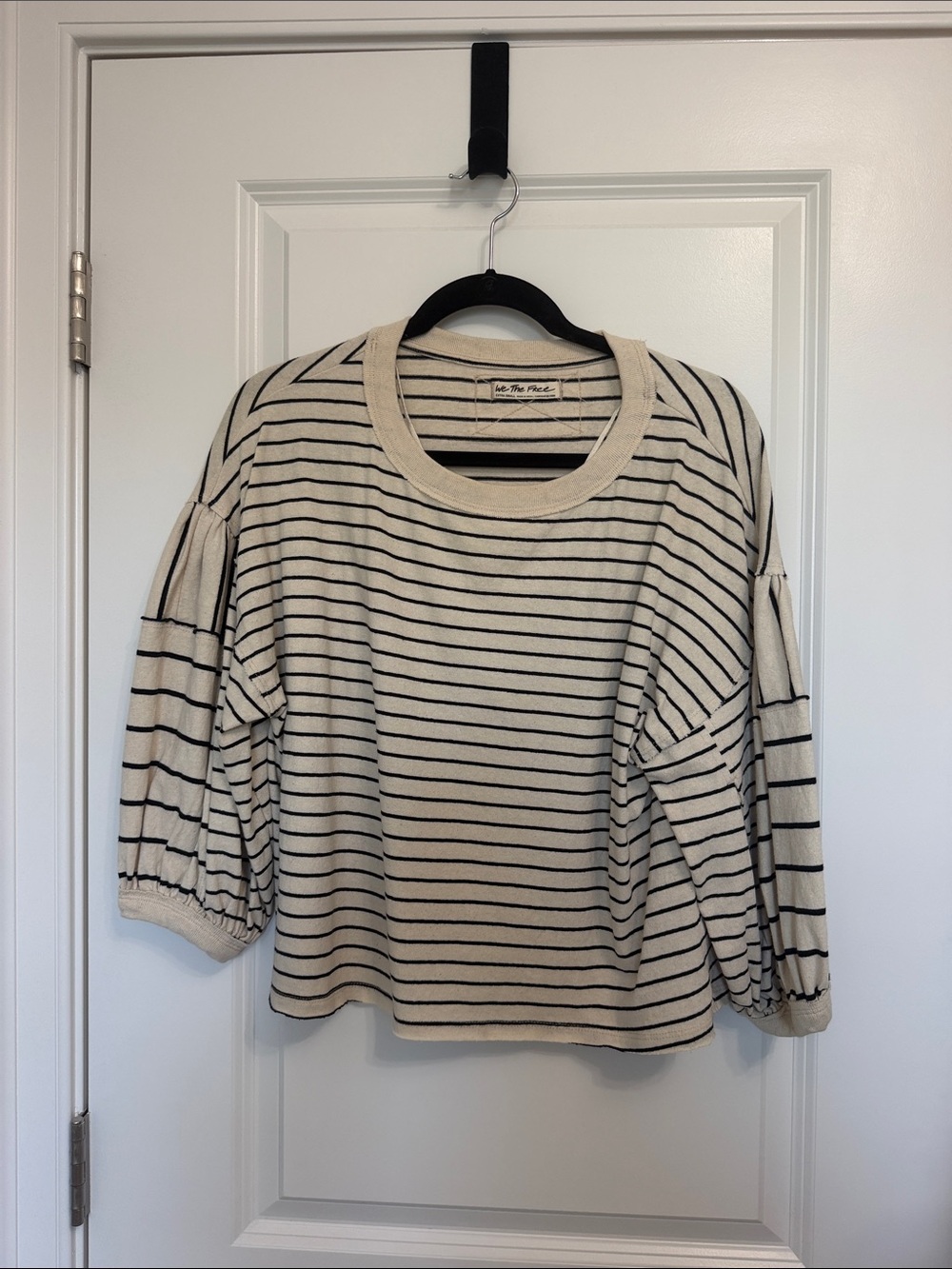 We The Free Cream and Black Striped Puff-Sleeve Sweatshirt